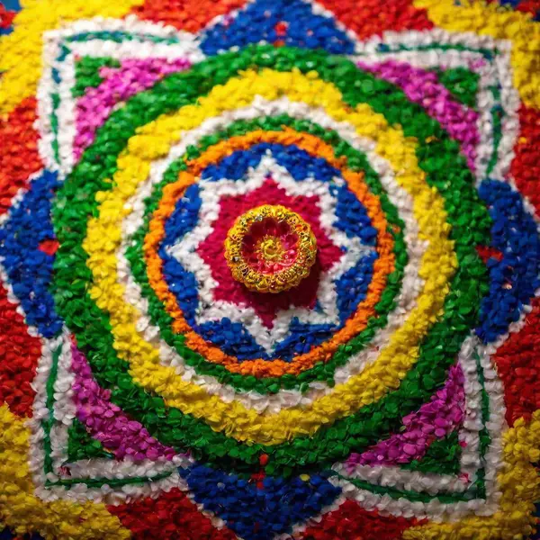 Bir Diwali Rangoli 'nin aşırı yakın çekim makro görüntüsü, canlı renkleri ve tasarımın karmaşık detaylarını gösteriyor. Fotoğraf Rangoli 'nin çeşitli tozların, çiçeklerin ve dekoratif eşyaların kullanılması gibi farklı unsurlarını vurgular..