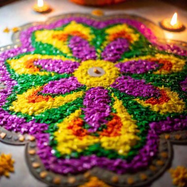 Bir Diwali Rangoli tasarımı fotoğrafı, bölünmüş diopter kullanılarak orta ölçekte çekildi. Rangoli 'nin karmaşık desenleri keskin bir odak noktasındayken, arka plan Diwali dekorasyonlarının yumuşak odaklı bir görünümünü gösteriyor, katmanlı ve derin bir görsel deneyim yaratıyor.