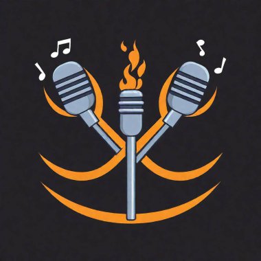 Create a logo featuring two microphones positioned diagonally, with a treble clef intersecting them at the center. Surround the microphones and treble clef with stylized flames to convey a sense of energy and dynamism. The overall design should be clipart