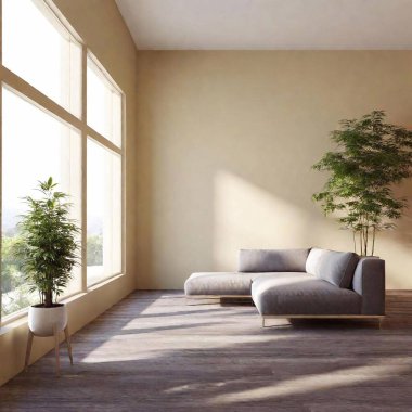 modern living room interior design with sofa and coffee plant. 3 d illustration clipart