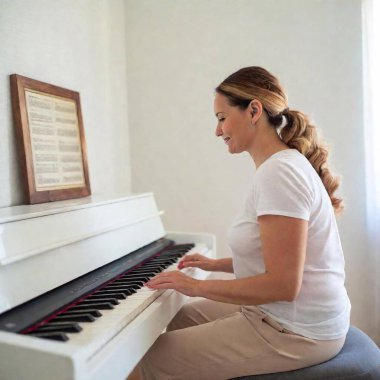 woman playing piano in living room. clipart