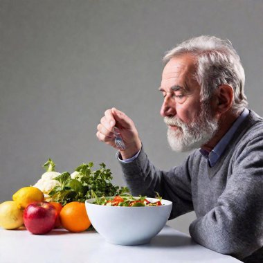 senior man eating salad clipart