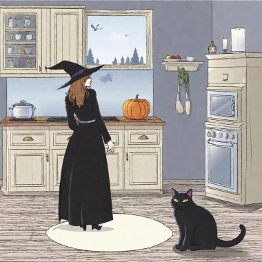 pretty vector image of witch and cat in kitchen clipart