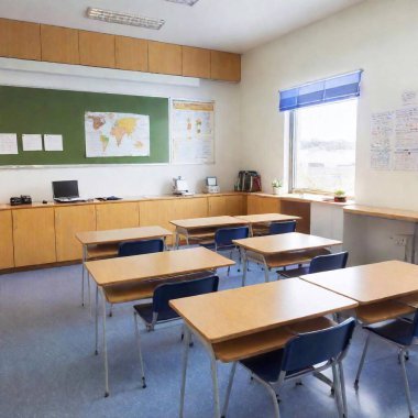 A high school classroom with the following items: a teacher desk, 5 student desks with chairs, a window, a door, a whiteboard, a laptop computer on one of the desks, a clock and map on a wall, a backpack sitting on the floor clipart