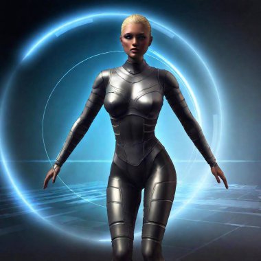 digital painting of beautiful woman in full suit of futuristic body armor clipart