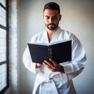 young handsome man wearing karate kimono holding a book and looking at the camera clipart