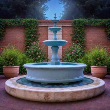 A dark blue starry night sky. A three-tier marble fountain, reflecting ambient light, wet flagstone floor adorned with pots of purple flowers. One wall solid red brick behind the fountain,  ivy and climbing roses on wall, No side walls, mysterious clipart