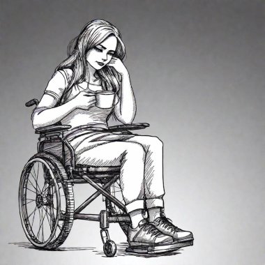 A cartoon woman with long hair sitting slumped in and electric wheelchair, holding a mug of coffee that is spilling. She looks exhausted. Front on shot and in a sketch style, black and white. The woman is wearing denim jeans and trainers. there is clipart