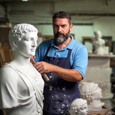 A sculptor is working on a marble statue, holding a hammer and chisel. He is looking toward the camera with a puzzled look on his face. clipart