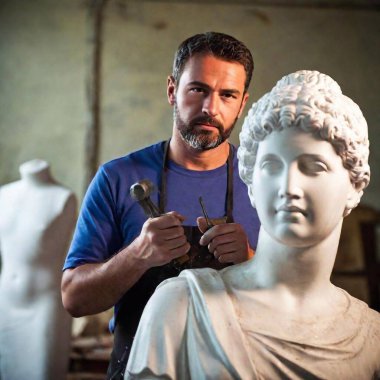 A sculptor is working on a marble statue, holding a hammer and chisel. He is looking toward the camera with a puzzled look on his face. clipart