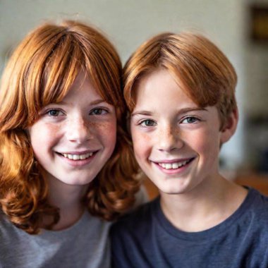 Close-up on the faces of two brothers aged 14 and 12, with long red hair, with small freckles, very cute, who laugh together heartily and seem happy. clipart