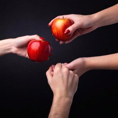 Woman gives red apple to the man. In the picture there are only their hands and apple with one green leaf. Hyperrealistc, white skin, skin structure visible, woman with red nail polish, black background. clipart