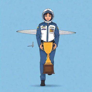 astronaut woman with trophy and rocket clipart