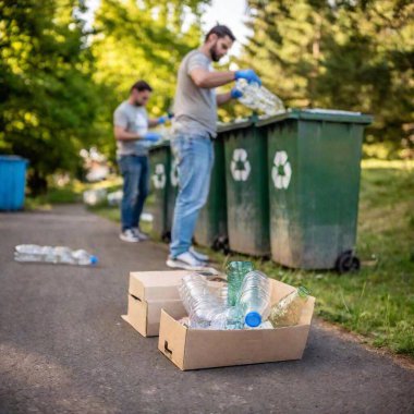 Close-up shot of a volunteer's hands sorting recyclable materials into bins, with the recycling bin in sharp focus and the surrounding area softly fading, capturing the importance of proper waste disposal. clipart