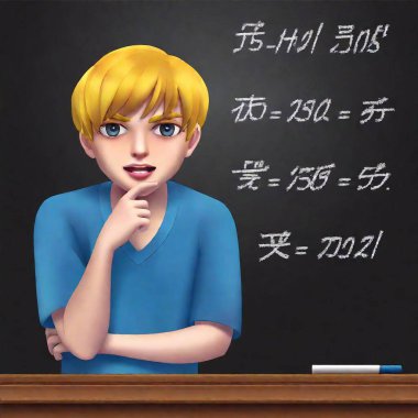 Create a manga, male character, young age, with blue t-shirt. Yellow hair. Hair shaggy. Brown eyes. Holding index finger up. In front of a blackboard like in school. clipart