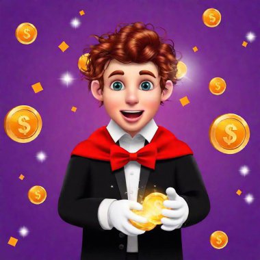 happy smiling boy holding golden coin with money clipart