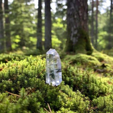 3D beautiful clear quartz and amythest crystals in the forrest amongst the trees and grass clipart