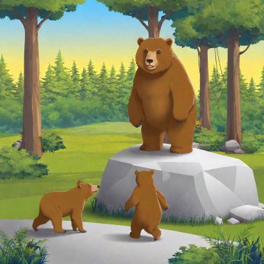 Illustration of the joyful reunion between the bear cubs, Top and Topa, and their mother, Mila, at a large rock. The mother bear is running towards her cubs with open arms, and the cubs are running to her, smiling. The background shows a large rock clipart