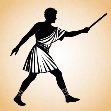 greek ancient man in toga relay with baton stick, silhouete, drawing clipart