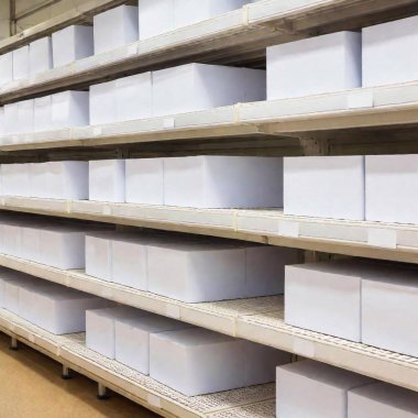 supermarket shelves full of white square white boxes, all the same size with a bar code on the front clipart