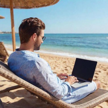 young handsome guy freelancer working on laptop on tropical beach. clipart