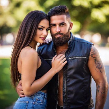 handsome muscular man with a beard. He is wearing a leather motorcycle vest. He has tattoos on his bare arms.. He is embracing a beautiful younger woman. clipart