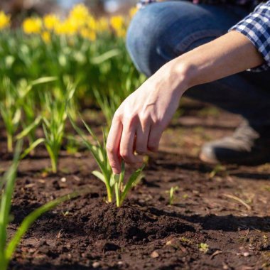 extreme close-up shot of a pair of hands brushing off dirt from a freshly planted flower in a community garden during Earth Day, with the flower in sharp focus and the surrounding soil softly blurred, highlighting the beauty of nature restoration clipart