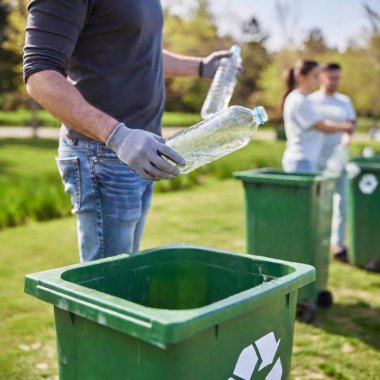 extreme close-up shot of a volunteer placing a bottle into a recycling bin during an Earth Day cleanup, with the bottle in sharp focus and the bin softly fading into the background, showcasing responsible waste management clipart