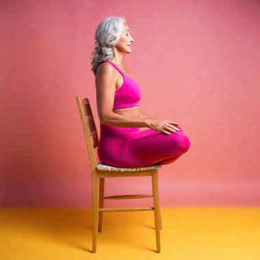 isolated profile of slender white senior female doing yoga sitting in normal size chair with back wearing pink and yellow exercise clothes clipart