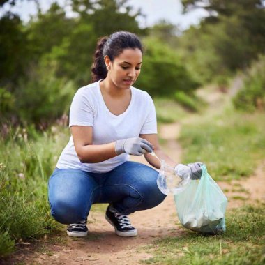 extreme Close-up portrait of a woman wearing gloves and picking up litter during an Earth Day cleanup, with hands and focused expression in sharp focus and the surroundings softly fading, highlighting his commitment to the cause clipart