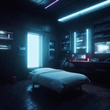 dark futuristic cyberpunk bedroom with window showing cyberpunk city and man laying on bed with desk bottles shelves video screens clipart