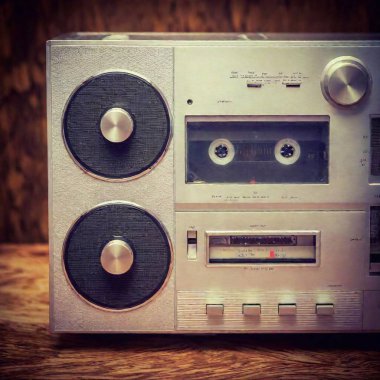 vintage radio player on wooden background clipart