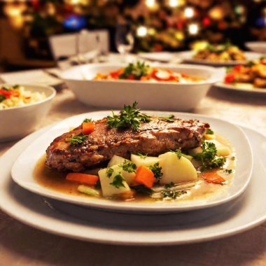 cartoon image of a Wigilia dinner. The shallow focus should highlight the intricate details of the traditional Polish Christmas Eve dishes and table settings, with a softly blurred background that creates a warm, festive atmosphere.