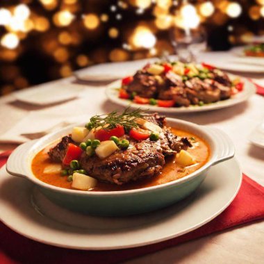 cartoon image of a Wigilia dinner. The shallow focus should highlight the intricate details of the traditional Polish Christmas Eve dishes and table settings, with a softly blurred background that creates a warm, festive atmosphere.