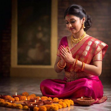 Generate a photo of a Diwali prayer scene with a female adult, using a full shot and deep focus to capture the entire setting in sharp detail. The Dutch angle adds a dynamic, slightly tilted perspective, enhancing the visual interest clipart