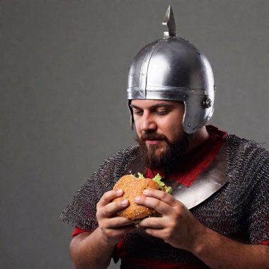 portrait of handsome bearded man with burger in the studio clipart