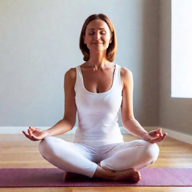 meditating smiling middle age lady with loose outfit and loose hair indoors clipart