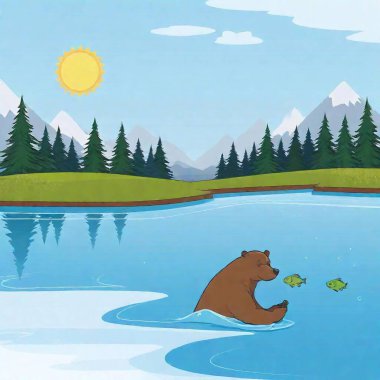 cartoon style bear on river catching fish clipart