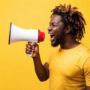 young american man with afro hair screaming shouting with megaphone and mouth open clipart