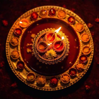 Generate a full shot from an overhead perspective of a Diwali religious ceremony, using rack focus to highlight the details of the prayer thali and diya lamps, before moving focus to the male and female adults engaged in the prayer. clipart