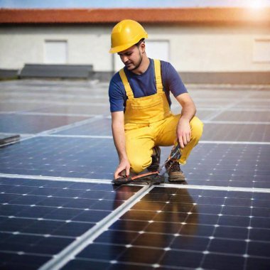 man with solar panels on roof of building clipart