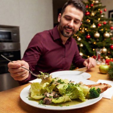 Polish Christmas Eve dinner at eye level, focusing on Cabbage with mushrooms. clipart