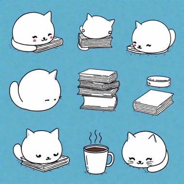 set of cartoon kawaii cute cats, cup of tea, book and books on blue background clipart