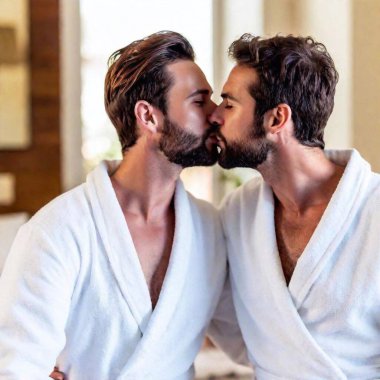 portrait of happy gay couple in bathrobe kissing in bathroom. clipart