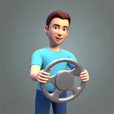 fun 3 d cartoon illustration of a teenager boy with a car steering wheel clipart