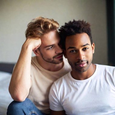 2 attractive gay men together, chilling in a room. Both of them looks different from each other. different body shape, size, ethnicity, etc. clipart