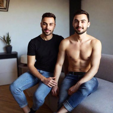 2 attractive gay men together, chilling in a room. Both of them looks different from each other. different body shape, size, ethnicity, etc. clipart