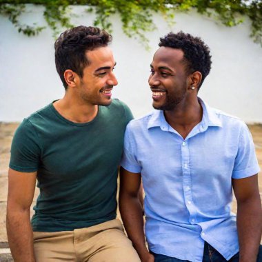 young happy african gay couple smiling in love together clipart