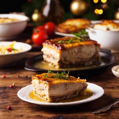 Polish Christmas Eve dinner at eye level, focusing on Carp, fried or baked, in aspic. macro closeup photo clipart