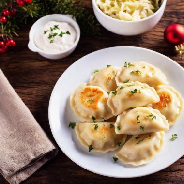 close up image of Mushroom and cabbage pierogi. Polish Christmas Eve dinner at top view  level, focusing on meal clipart